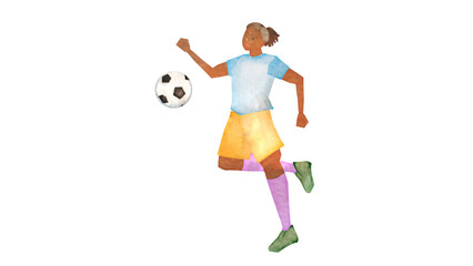 サッカーをする黒人女性の水彩風背景透過イラスト © nagamushi studio