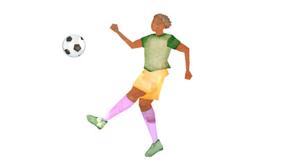 Fototapeta na wymiar サッカーをする黒人女性の水彩風背景透過イラスト