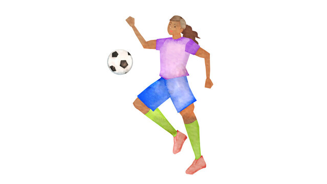 サッカーをする東南アジア人女性の水彩風背景透過イラスト