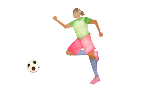 サッカーをする東南アジア人女性の水彩風背景透過イラスト