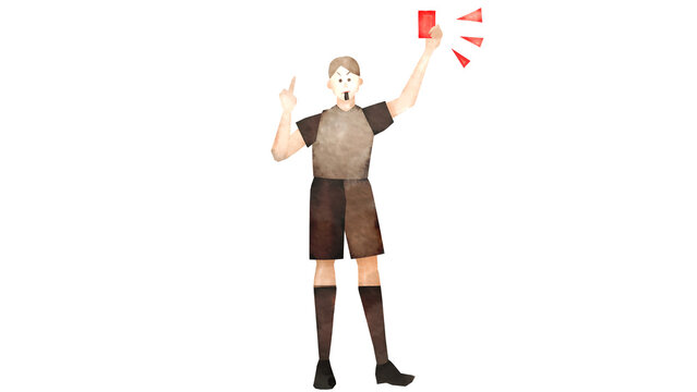 レッドカードを出すサッカーのアジア人男性審判員。水彩風背景透過イラスト。