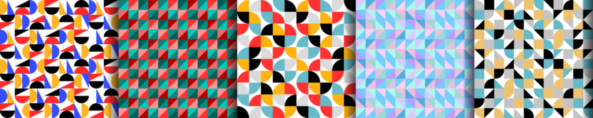 Set of geometric seamless pattern with circle, square, rounded and triangle. Five style colorful vector background.