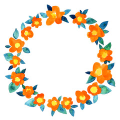 Watercolor painted floral round wreath with bright orange flowers. Aquarelle art. Round border. Floral frame. Hand drawn illustration isolated on white. 