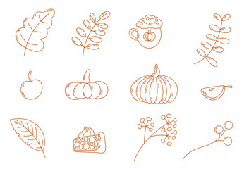 Set with autumn leaves and berries, pumpkin and cup pie and apple. Vector outline illustration.