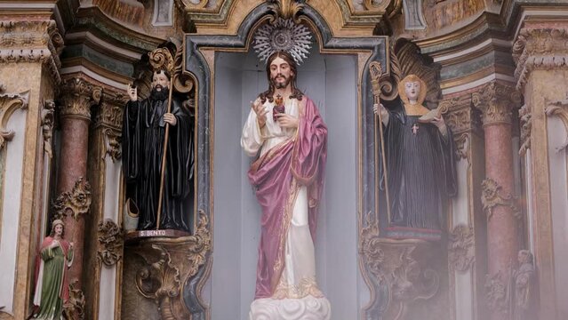 Jesus Christ Statue at catholic Church. Christ Crucifix On Cross In Catholic Church