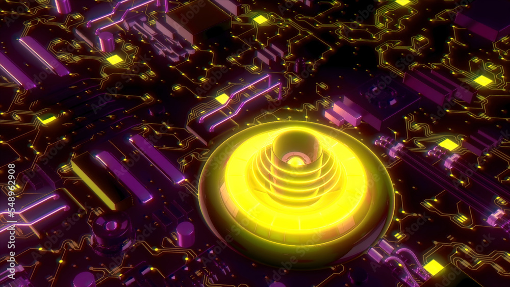 Poster neon computer chip system. motion. futuristic computer technology system with neon lines and details