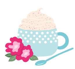 cappuccino in a blue cup with pink flowers