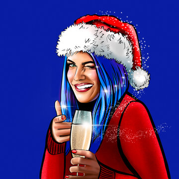 Pop art happy smiling girl with blue hair holding glass of champagne over dark blue background. Portrait of young beautiful Christmas woman wearing Santa's hat