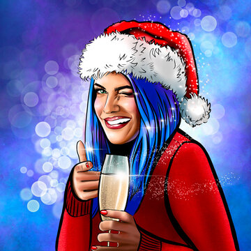 Pop art happy smiling girl with blue hair holding glass of champagne over blue bokeh. Portrait of young beautiful Christmas woman wearing Santa's hat