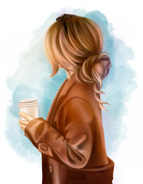 Stylish young woman walking autumn outdoor and drinks coffee, portrait of young gorgeous blond girl, fashion illustration