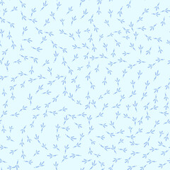 Winter seamless pattern with bird footprints on a bright-blue snowy background