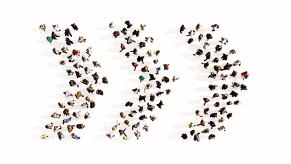 Concept conceptual large community of people forming the dangerous turn road sign. 3d illustration metaphor for caution, warning, safety and guidance