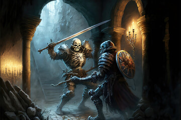 AI generated image of a brave knight fighting an evil skeletal monster in the dungeon of a fairy-tale castle  - obrazy, fototapety, plakaty