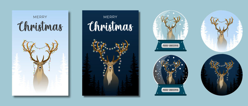 Affiche, carte de voeux, boule à neige, icône. Cerf dans la forêt en hiver avec une guirlande lumineuse sur les bois, jour et nuit. Ambiance de fête, humour, enfantin, noël.