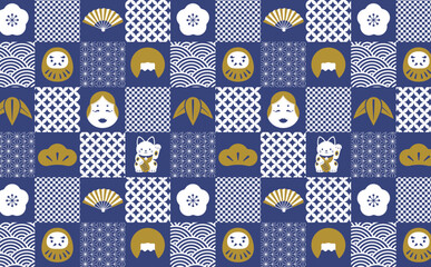日本の象徴 和の縁起物をあしらった市松模様のシームレスパターン背景_パターン登録あり_青と金 - obrazy, fototapety, plakaty