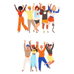 Happy and Rejoicing Group of People Characters Cheering Raising Hands Up Vector Set