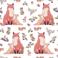 Pattern with foxes. A fox and a fox cub in the forest.