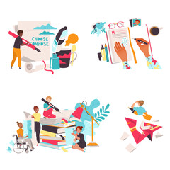 People Characters Working with Text with Paper, Notepad and Books Stack Vector Set