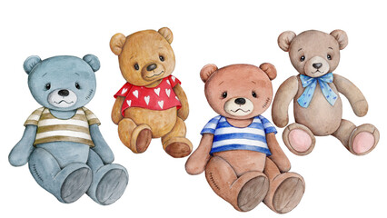 Adorable cute pretty teddy bears vintage style, toy animal, retro style. Watercolor colourful hand drawn art, illustration, icon, print. Isolated.