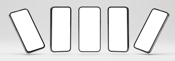 multi screen mockup. Smartphone 3D Illustration Mockup Scene on Isolated white Background. Set of modern frameless cellphone with blanl white screen. 3d rendering