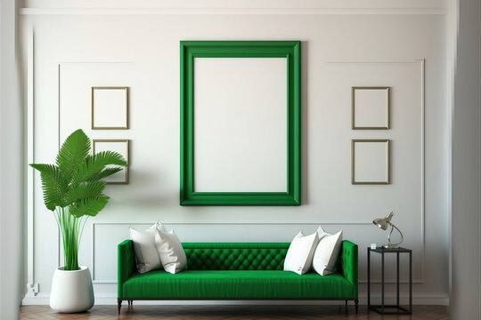 Modern classic loft living room interior green pattern wall background with copy space. Generative AI Technology