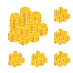 Set of isometric gold coins stack with mixed world major currencies sign in flat style
