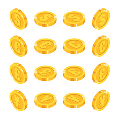 Set of isometric gold coins with world's major currencies sign in different angles in flat style