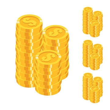Set of isometric gold coins stack with world major currencies sign in flat style