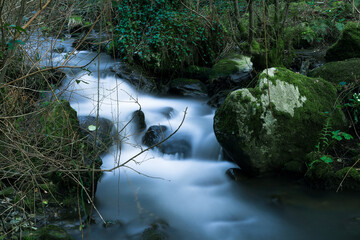 Close-Up of a river flowing downstream across a miniature waterfall and moss covered rocks, Galicia, Spain