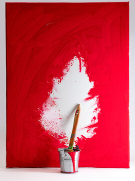 Conceptual Christmas tree painted on a red wall with a paintbrush and paint pot