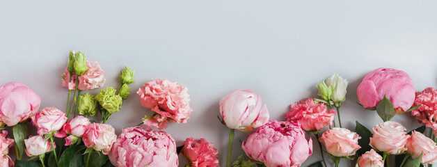 Beautiful flowers on grey background. Tender pink peonies frame with copy space.