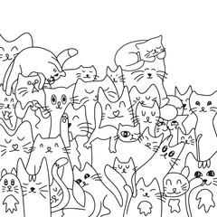 Lots of cute cats. Background from cats. Coloring. Vector illustration. Cute and funny cats doodle vector set. Cartoon cat or kitten characters design collection with flat color in different poses.