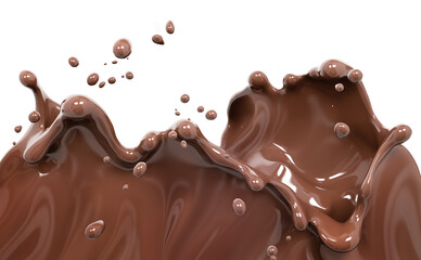 Chocolate wave or flow splash, hot melted milk chocolate sauce or syrup, cocoa drink or cream, abstract dessert background, choco splash, drink dessert, isolated, 3d rendering