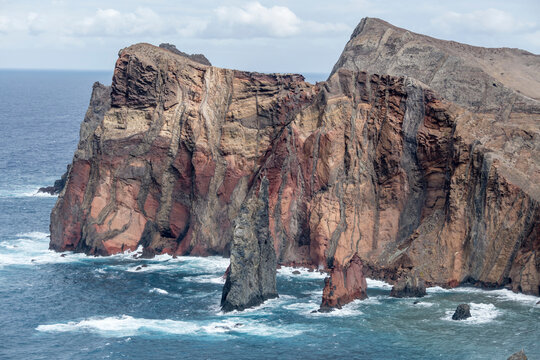 volcanic cliffs at island northern shore on Atlantic ocean, Ponta do Rosto, Madeira