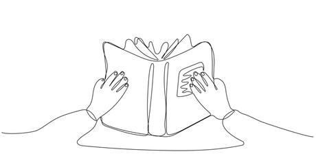 Continuous one line drawing of hands holding book. Education and reading concept. Vector illustration