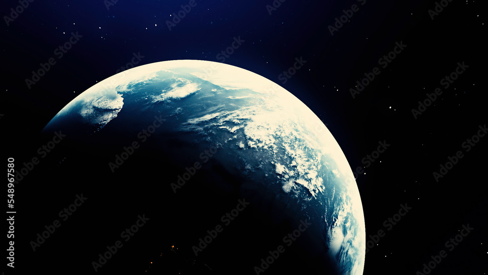 Poster rotating earth with change of day. motion. 3d model of natural planet earth with accelerated rotatio