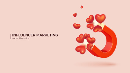 3d vector of Magnet with Red Hearts. Realistic 3d design of marketing and Business Online Strategy, Influencer marketing Concept in Trendy colors. Vector illustration in cartoon minimal style.