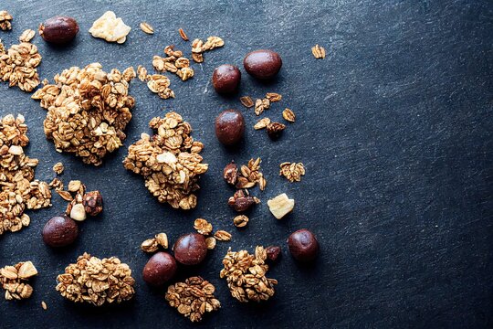 Muesli And Granola Bar Overhead Flakes With Pieces Of Dark Chocolate