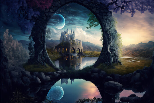 fantasy landscape of the ethereal witch wild  forest with a castle in the distance, sea lake in the middle as a mirror, illustration design art style 