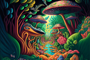 Colorful playful forest scene with mushrooms and exotic birds and plants in vivid peakcock colors, psychedelic style, illustration design generative ai art style  - obrazy, fototapety, plakaty
