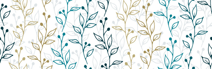 Fototapeta na wymiar Berry bush sprigs hand drawn vector seamless background. Elegant floral textile print. Meadow plants foliage and bloom wallpaper. Berry bush twigs isolated endless swatch