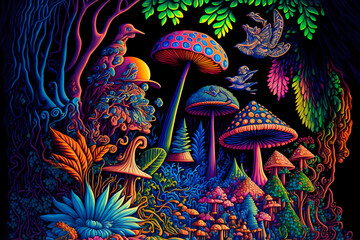 Colorful playful forest scene with mushrooms and exotic birds and plants in vivid peakcock colors, psychedelic style, illustration design art style 