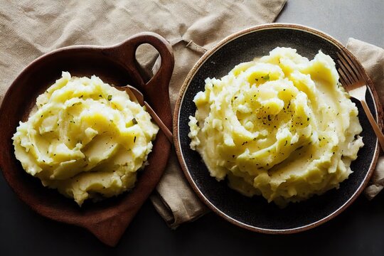 Golden mashed potatoes laid out in small brown bowl