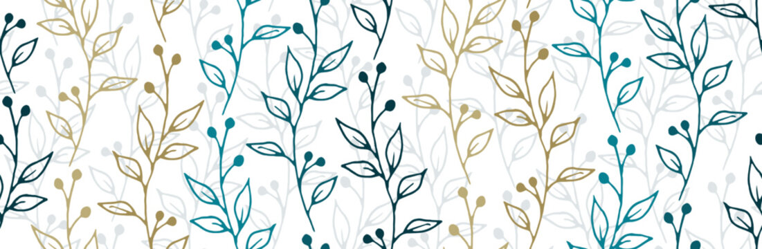 Berry bush sprigs hand drawn vector seamless background. Elegant floral textile print. Meadow plants foliage and bloom wallpaper. Berry bush twigs isolated endless swatch