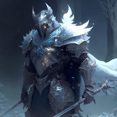 fantasy concept art of an ice Knight holding a Sword in Armor. Full Portrait. Snow Landscape Dark Background. 