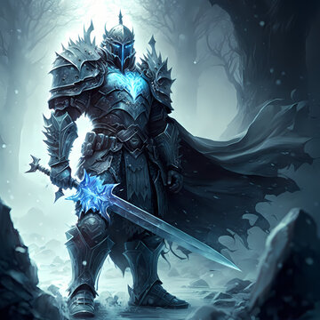 fantasy concept art of an ice Knight holding a Sword in Armor. Full Portrait. Snow Landscape Dark Background. illustration digital generative ai design art style