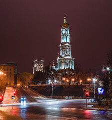 Assumption Cathedral at night in the center of Kharkiv, Ukraine