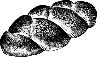 PNG engraved style illustration for posters, decoration and print. Hand drawn sketch of braided bread loaf in monochrome isolated on white background. Detailed vintage woodcut style drawing.	

