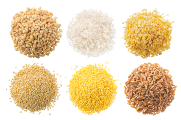 Piles of uncooked wholegrain cereals isolated, top view png