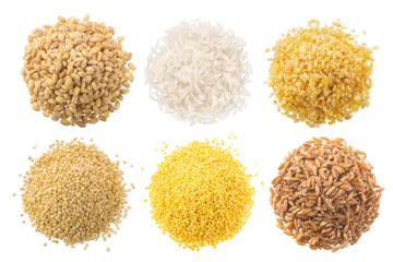 Poster Piles of uncooked wholegrain cereals isolated, top view png © maxsol7